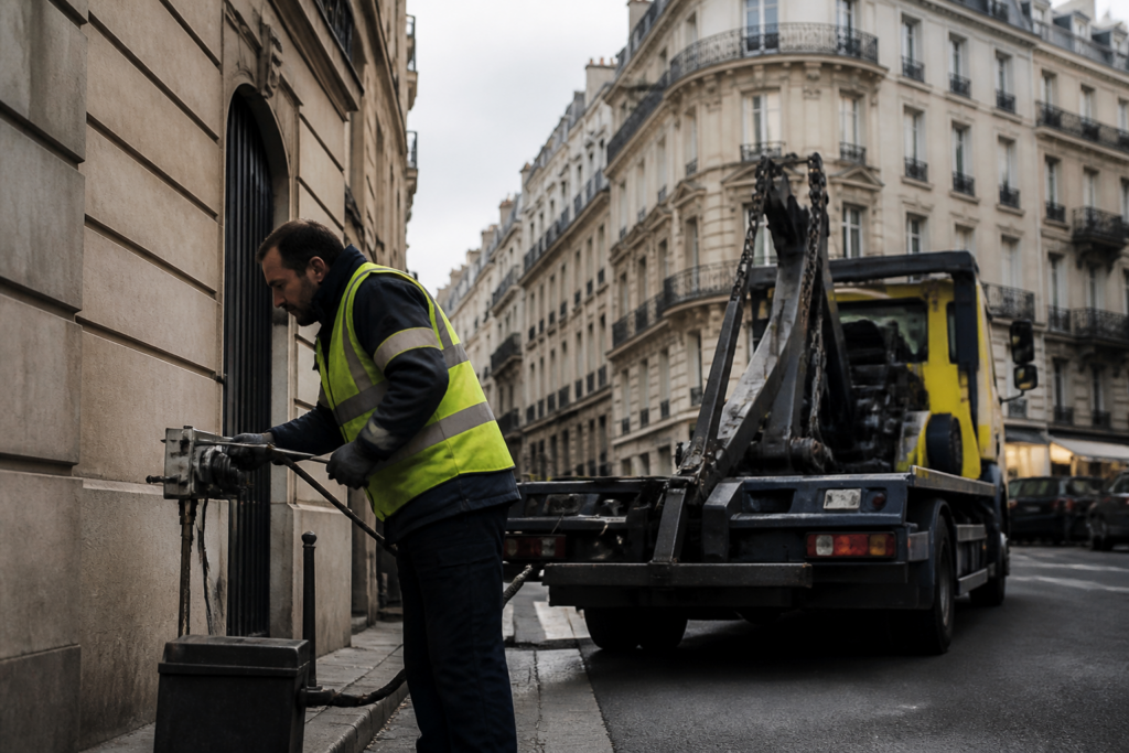 Dépanneuse poids lourd dans une rue étroite à Paris avec dépanneur en gilet