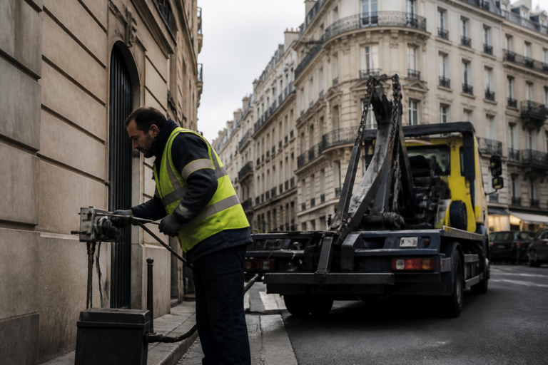 Dépanneuse poids lourd dans une rue étroite à Paris avec dépanneur en gilet