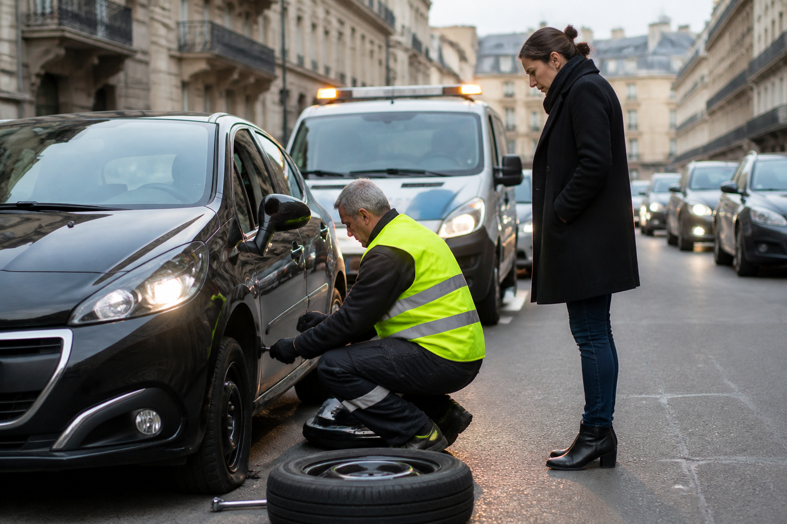 Dépanneur aidant un automobiliste avec pneu crevé dans une rue parisienne