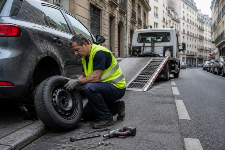 Dépanneur en intervention pour pneu crevé dans une rue étroite de Paris