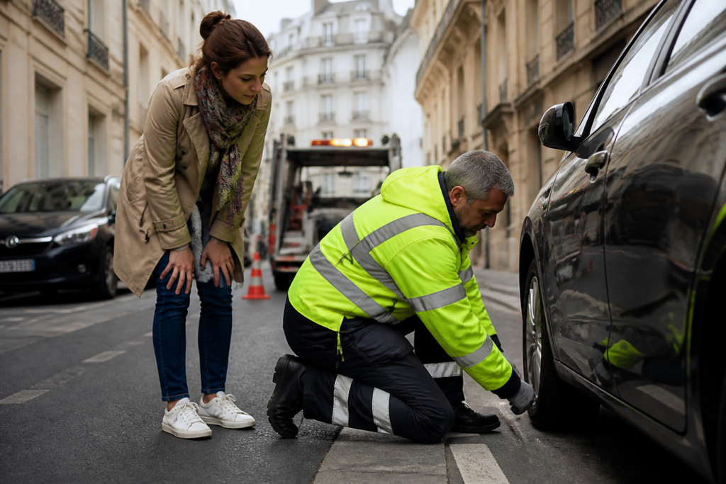 Dépanneur local aidant un automobiliste avec pneu dégonflé dans une rue parisienne