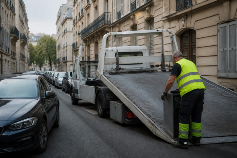 Dépanneuse pas cher en intervention dans une rue parisienne étroite