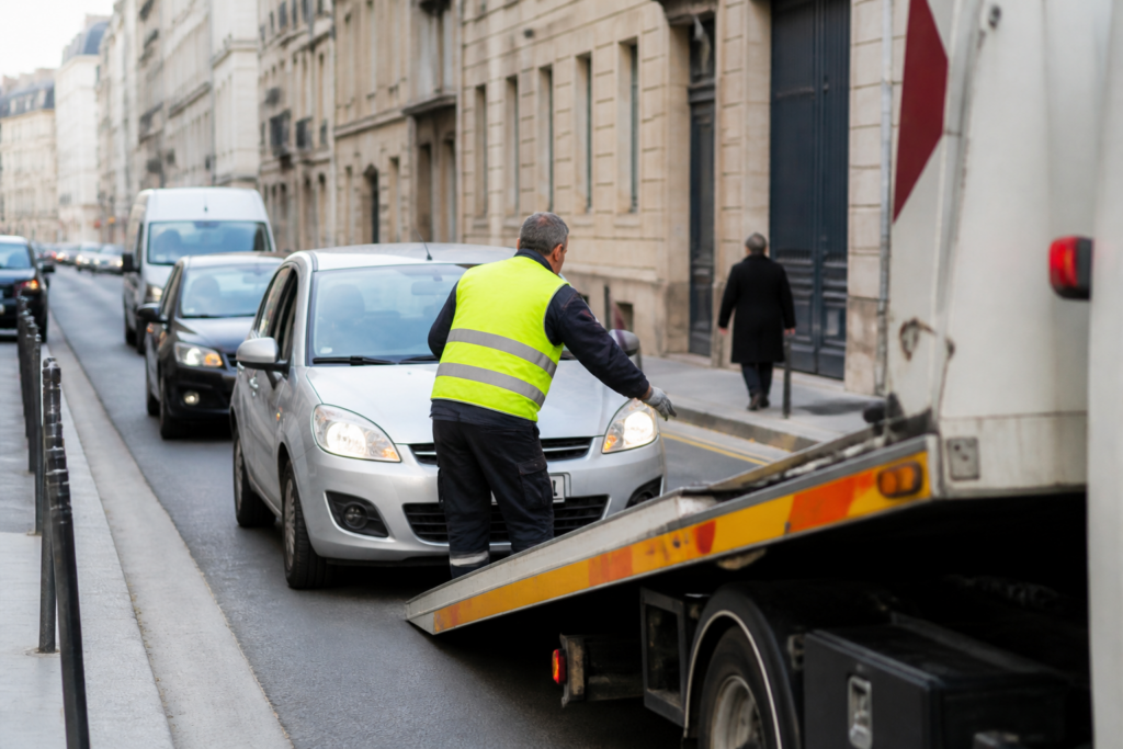 Dépanneur aidant une voiture en panne dans une rue de Paris