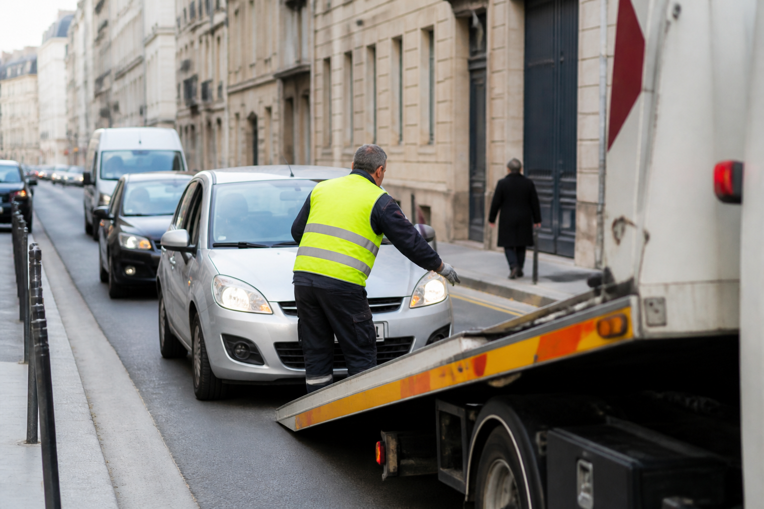 Dépanneur aidant une voiture en panne dans une rue de Paris