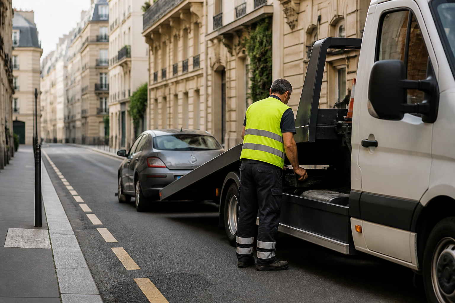 Dépanneur avec dépanneuse et voiture immobilisée dans une rue étroite de Paris