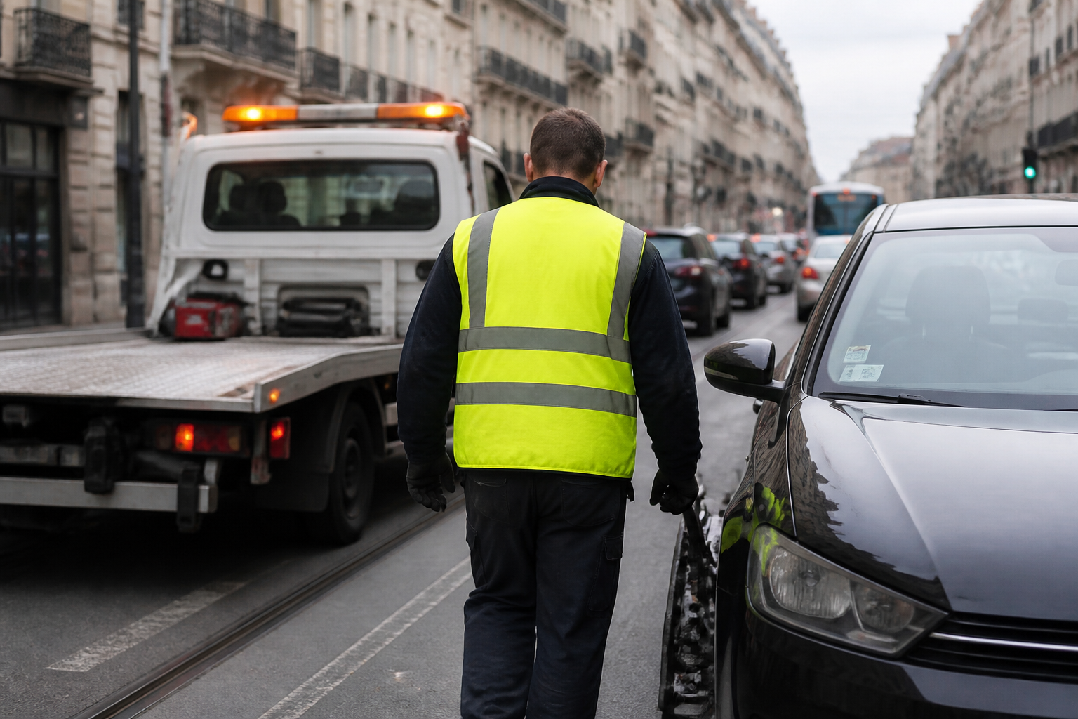 Dépanneur avec dépanneuse dans une rue étroite de Paris