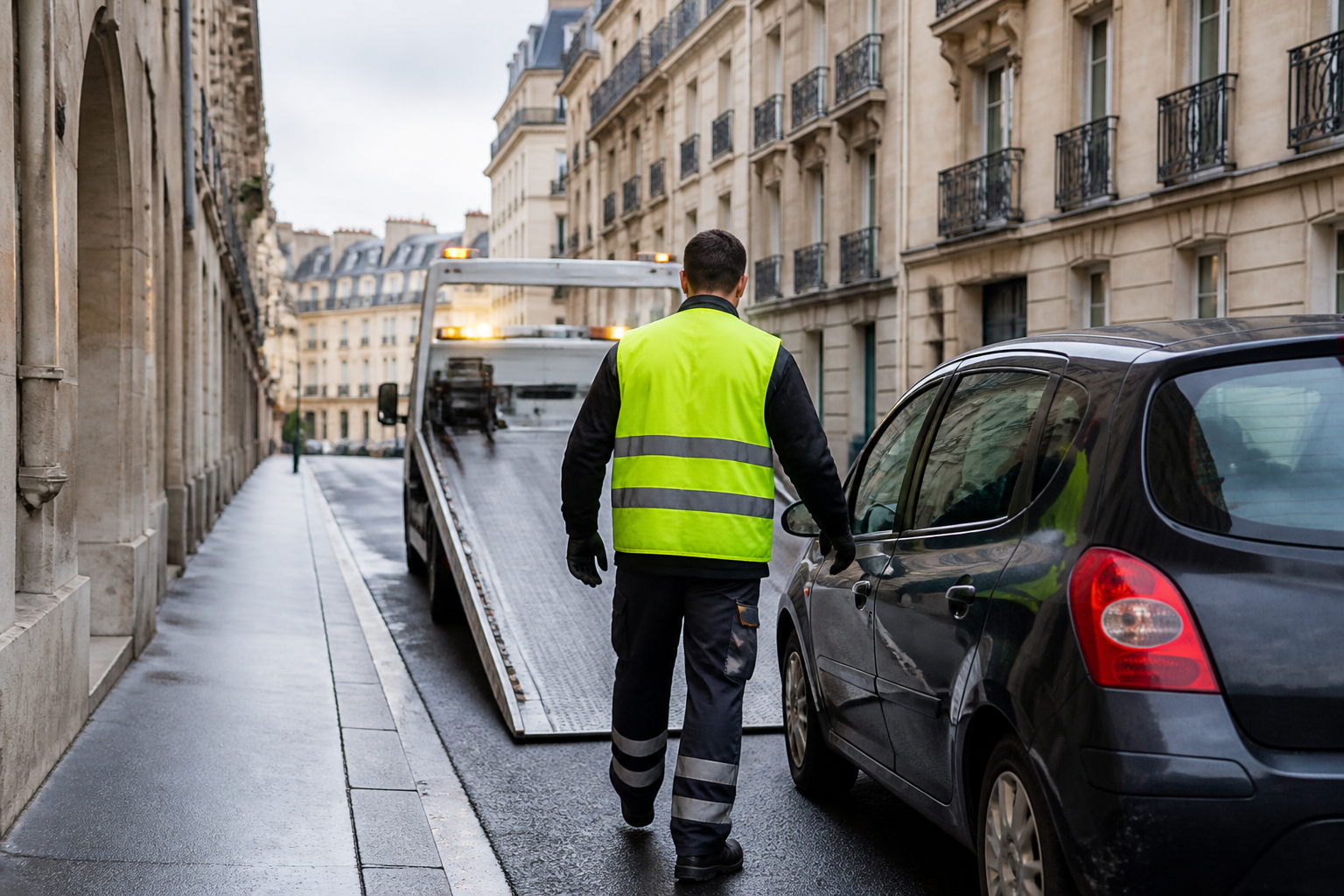 Dépanneur prêt à intervenir à côté d'une voiture immobilisée dans une rue étroite de Paris