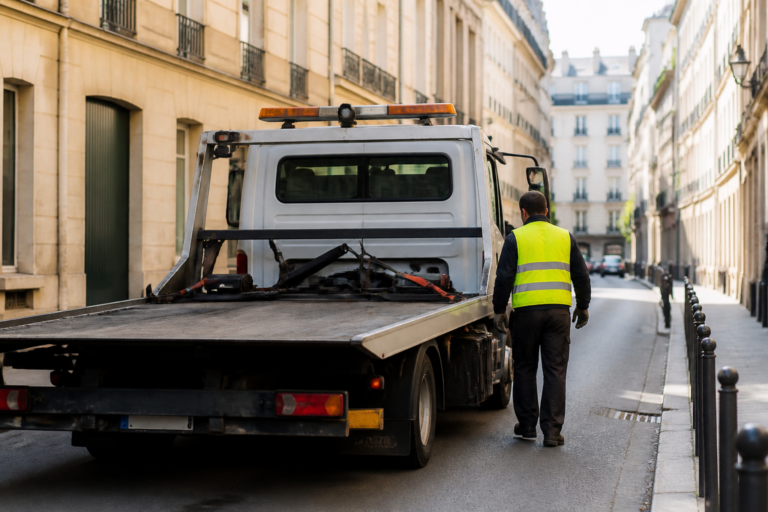 Dépanneuse à Paris avec dépanneur prêtant assistance dans une rue étroite