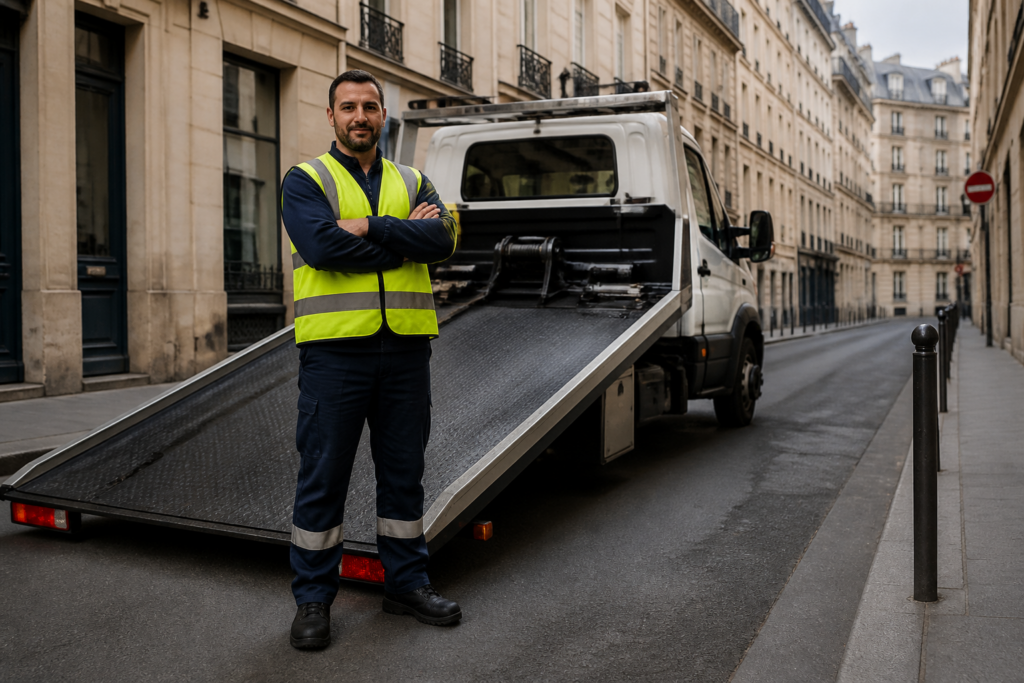 Dépanneur prêt à intervenir sur une crevaison dans une rue parisienne
