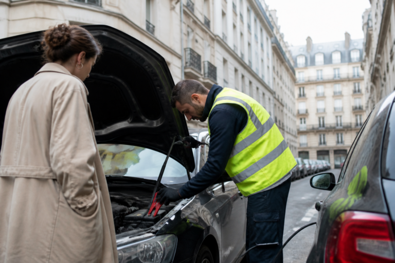 Dépanneur aidant à redémarrer une batterie de voiture à Paris
