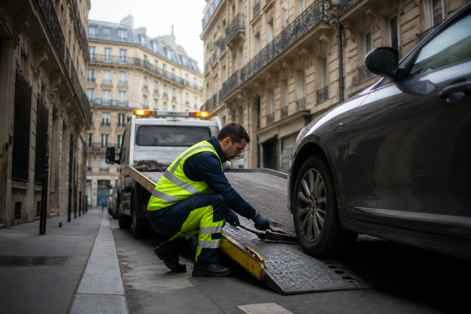 Dépanneur professionnel intervenant sur une voiture immobilisée dans une rue parisienne