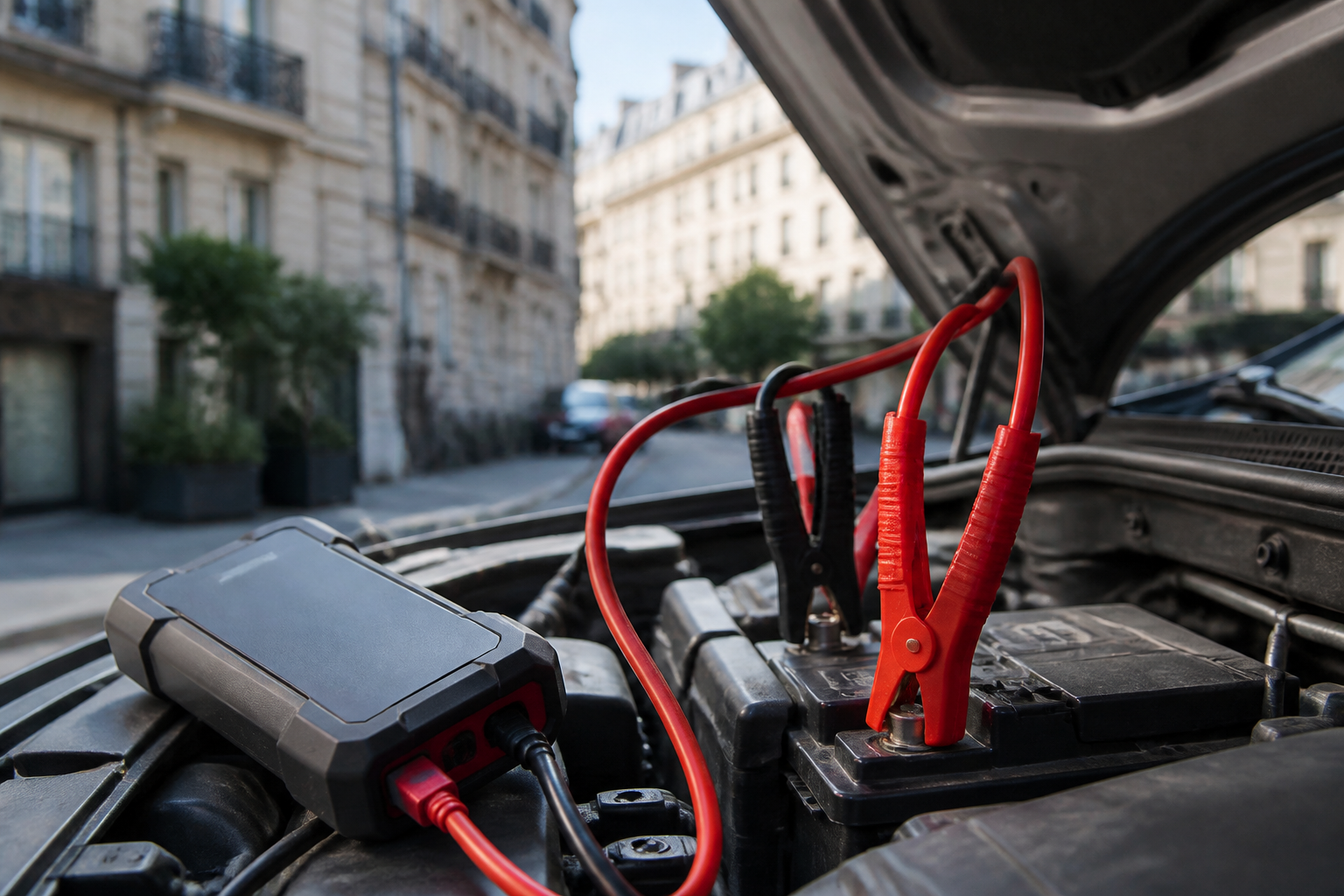 Batterie de voiture avec câbles de démarrage et booster à Paris
