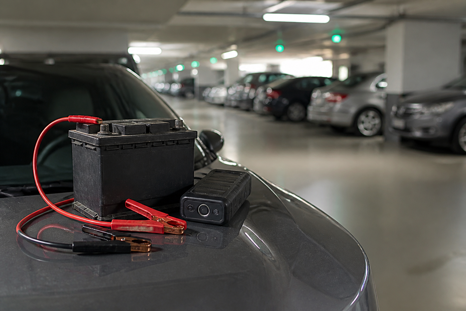 Batterie de voiture avec booster dans parking souterrain