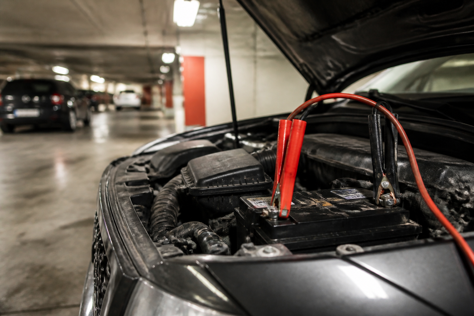 Branchement de câbles de démarrage sur batterie dans parking souterrain