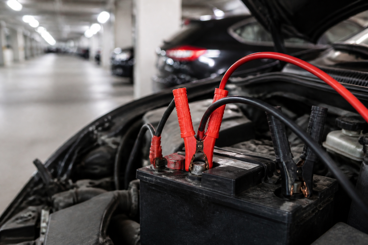 Batterie voiture avec câbles de démarrage dans parking parisien