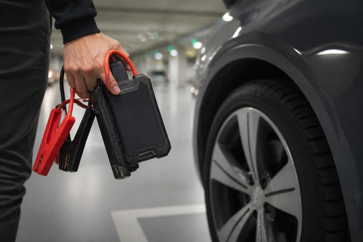 Booster de batterie prêt à l'emploi dans un parking souterrain