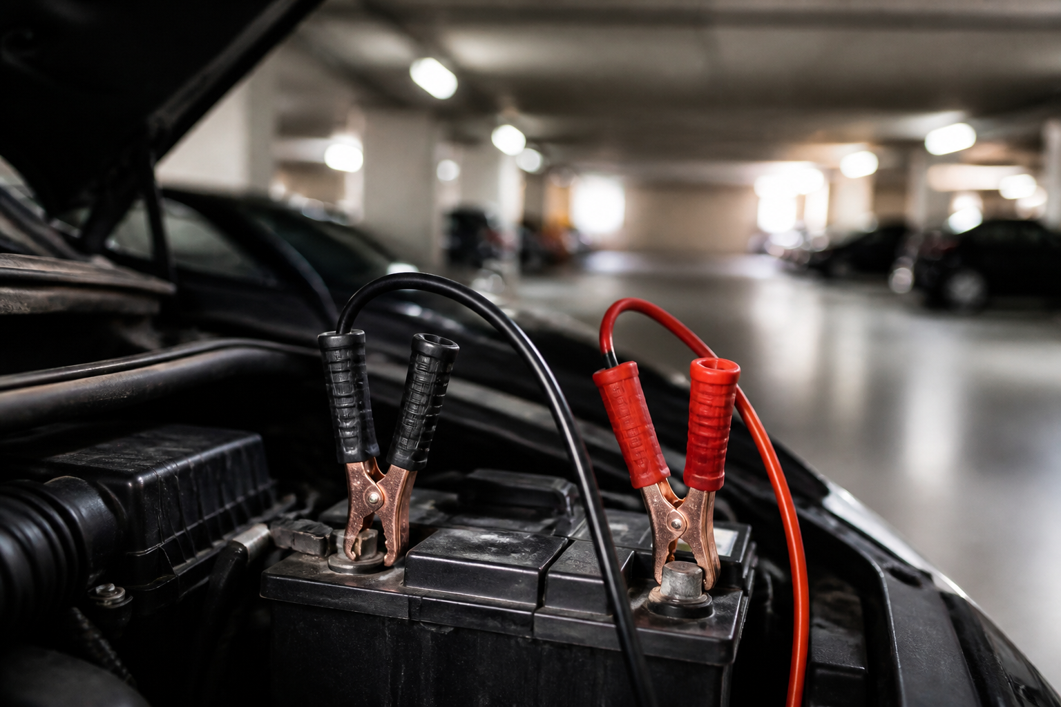 Batterie de voiture avec câbles de démarrage dans un parking souterrain
