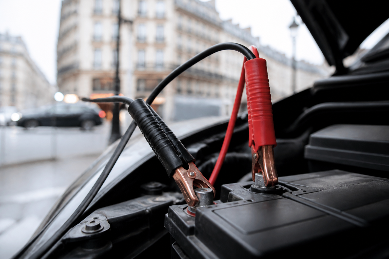 Câbles de démarrage branchés sur une batterie de voiture à Paris