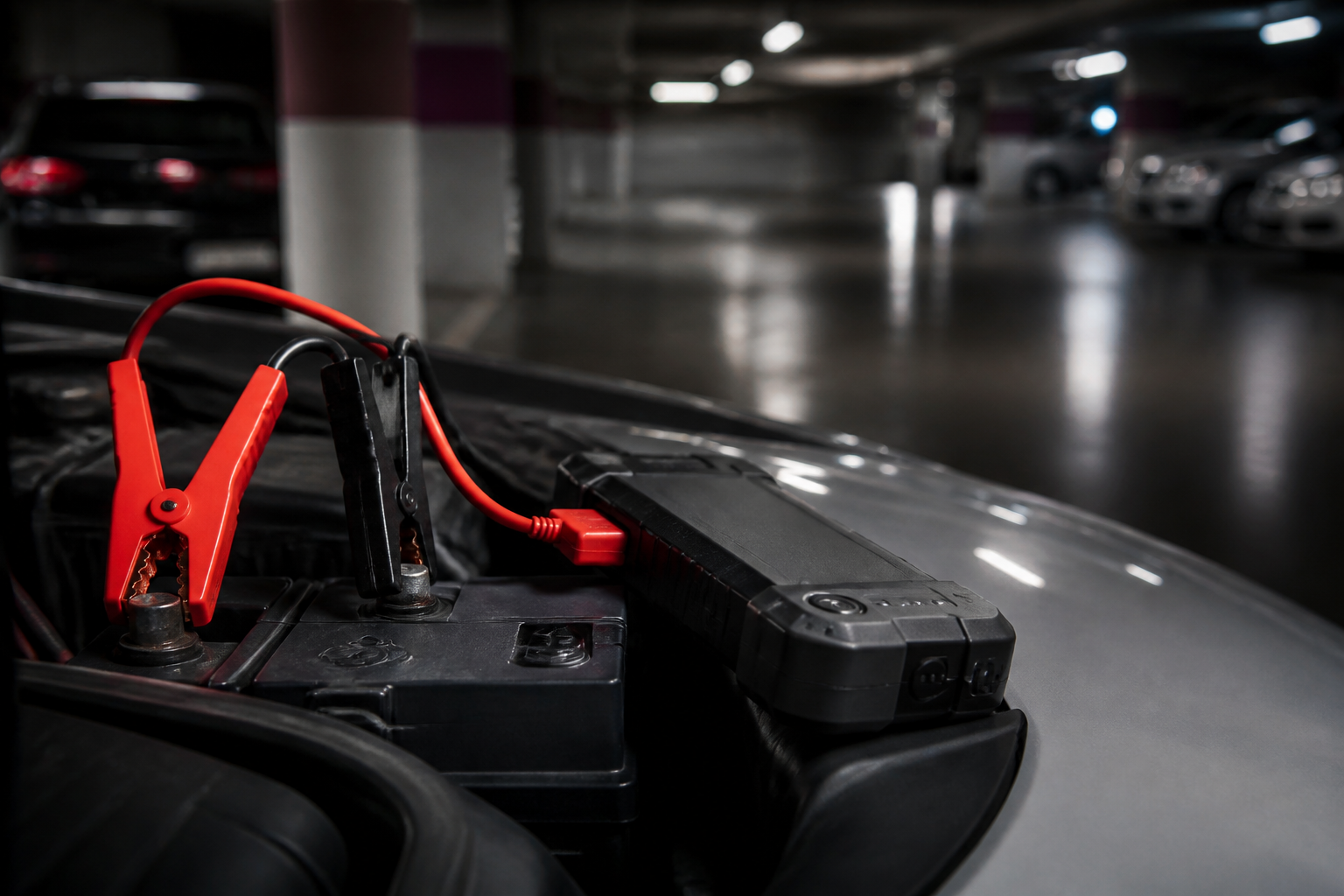 Batterie de voiture avec booster et câbles de démarrage en parking souterrain de Paris