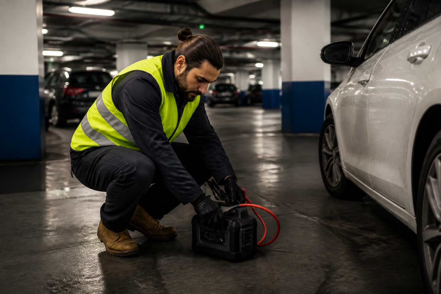 Dépanneur utilisant un booster de batterie dans un parking souterrain à Paris