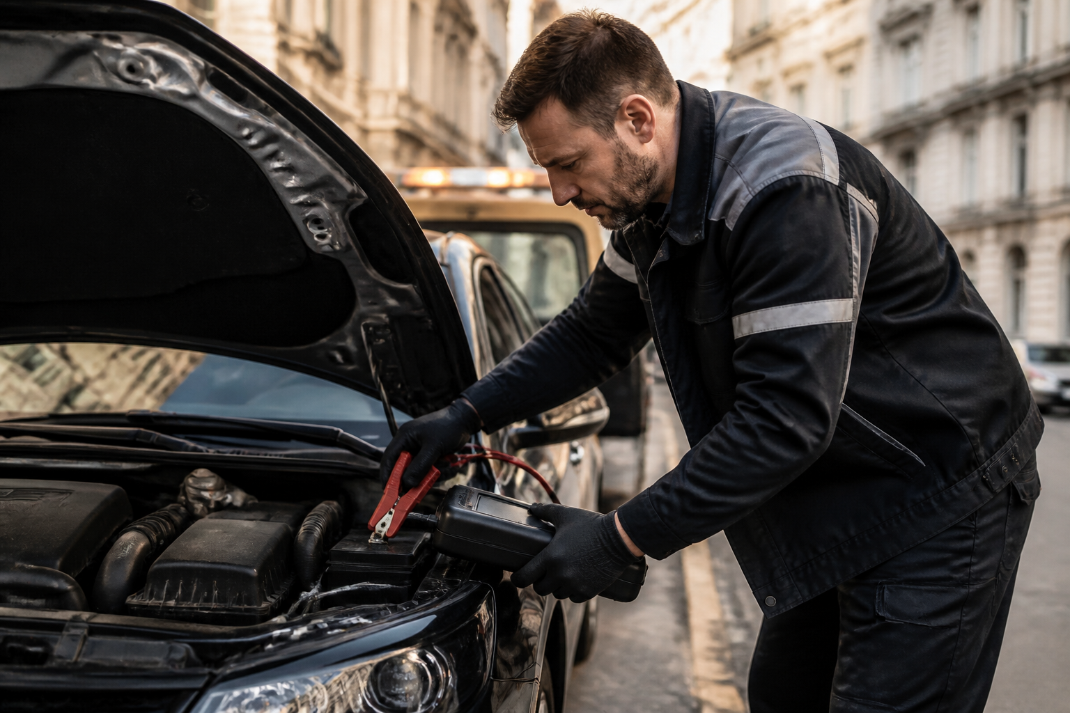 Dépanneur utilisant un booster de batterie sur voiture en panne à Paris