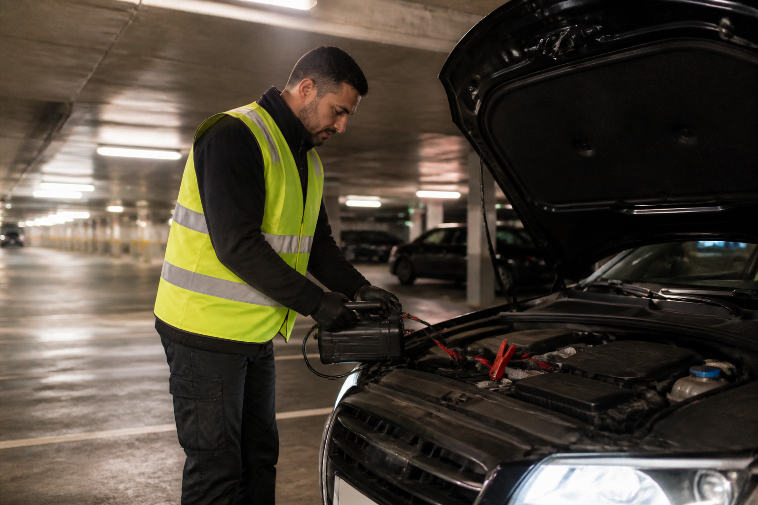 Dépanneur effectuant un boost de batterie dans un parking parisien
