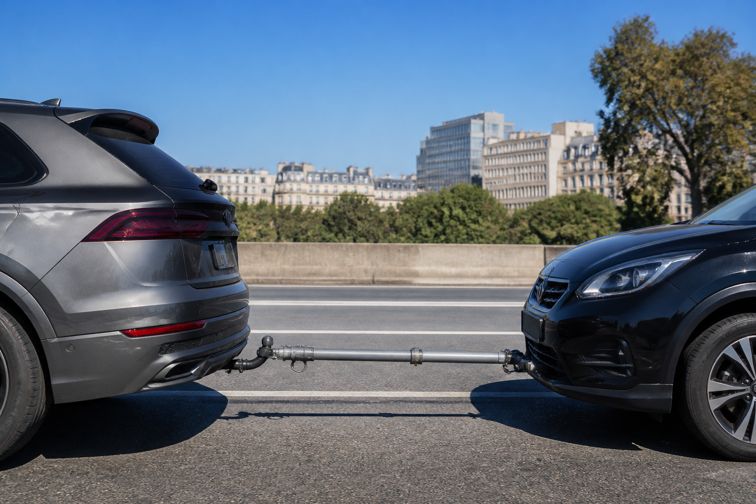 Barre de remorquage sans chauffeur fixée entre deux voitures sur le périphérique parisien