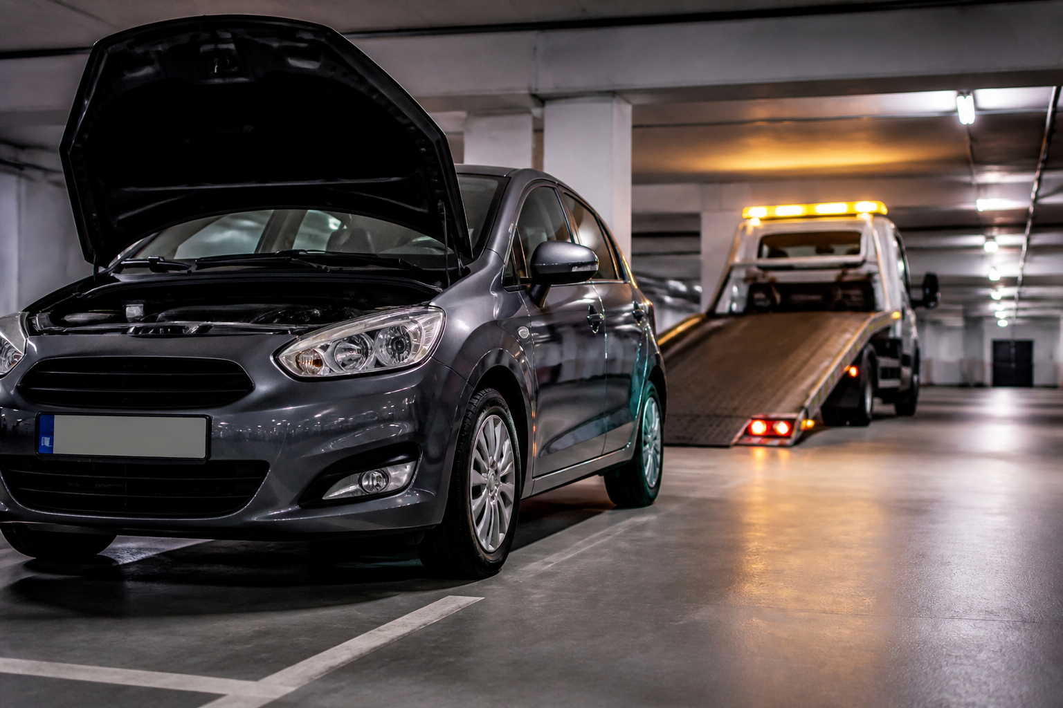 Voiture immobilisée dans un parking souterrain à Paris, intervention de dépanneuse