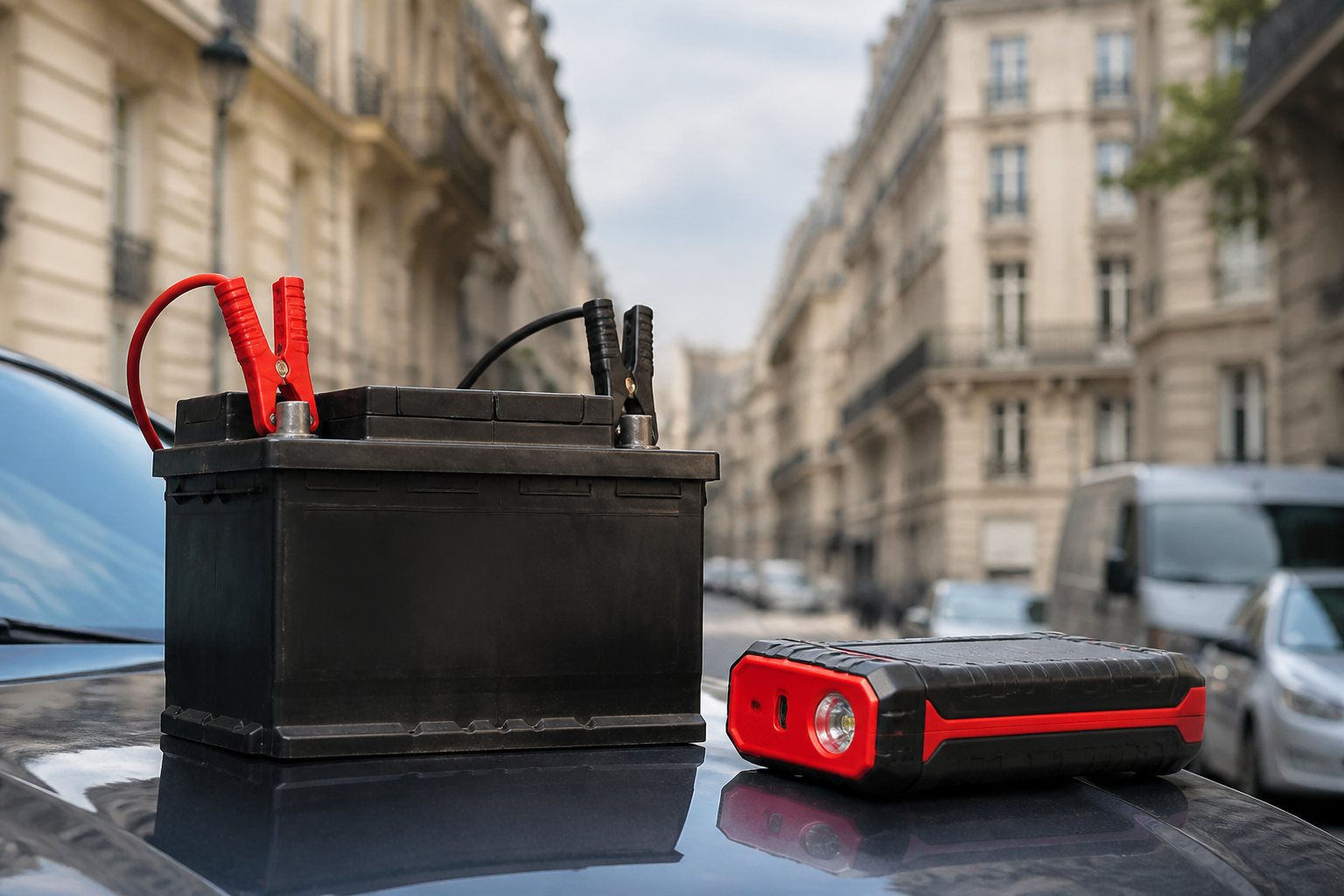 Batterie automobile et booster dans un contexte urbain à Paris