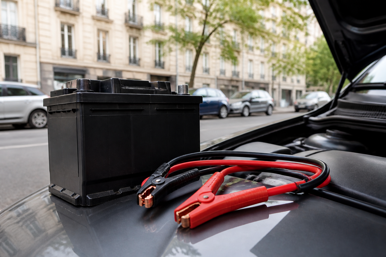 Batterie de voiture avec câbles booster prêts pour dépannage