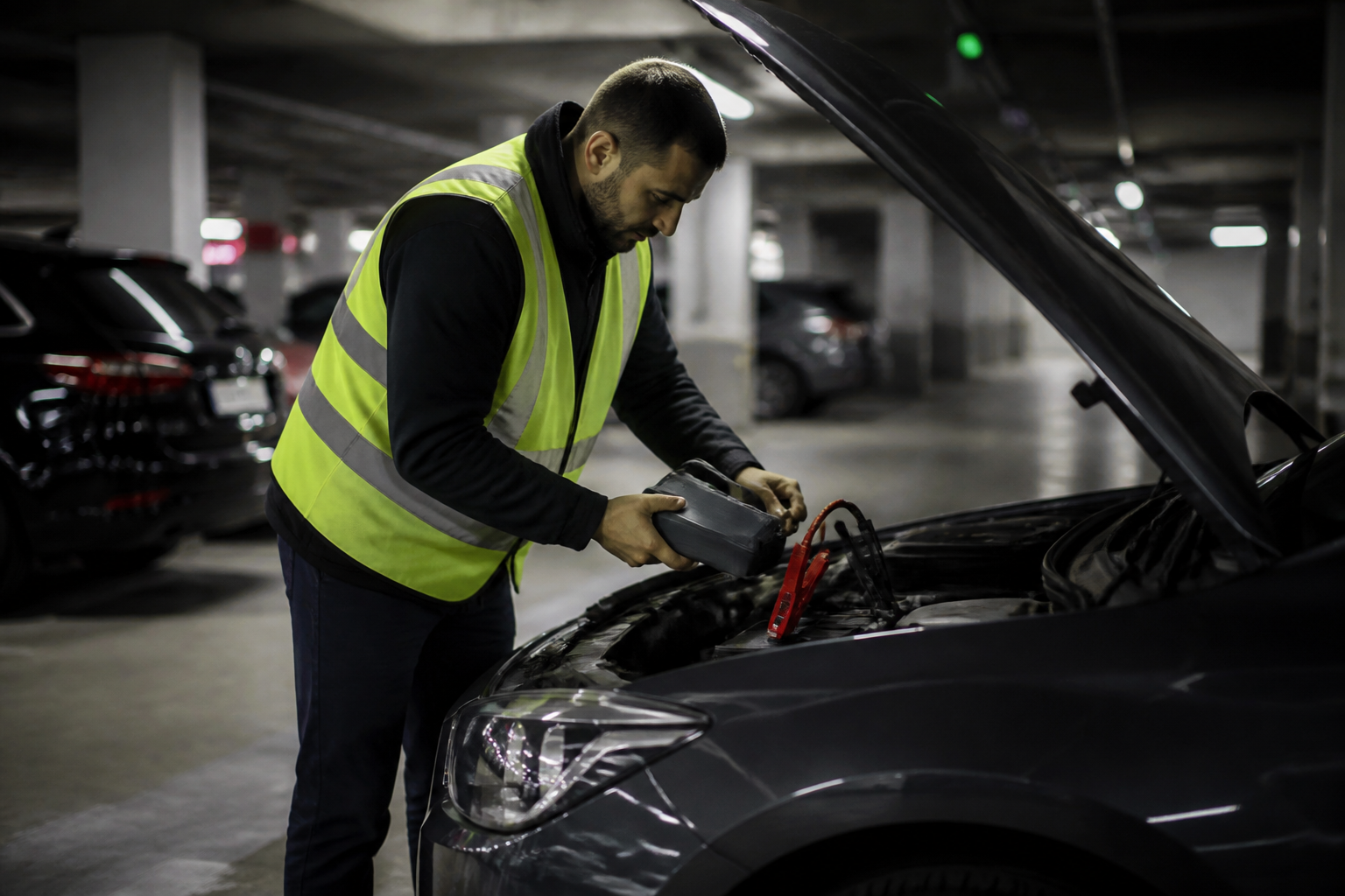 Réchargement batterie avec booster dans parking souterrain parisien