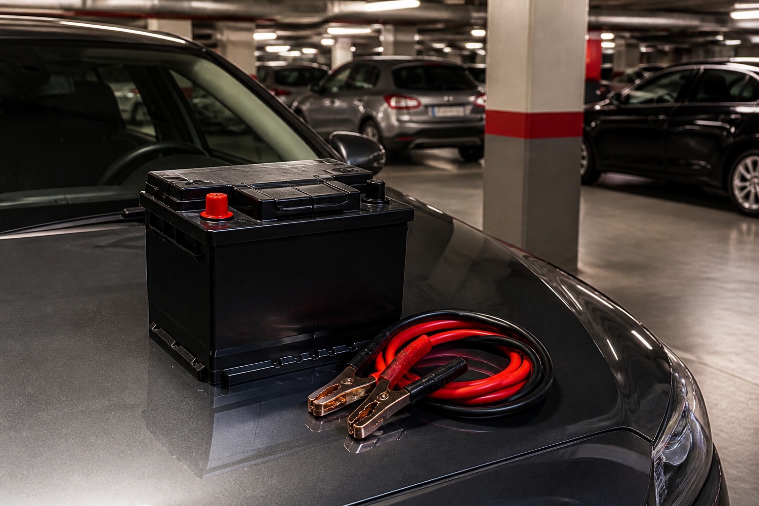 Batterie de voiture dans un parking souterrain à Paris avec câbles de démarrage