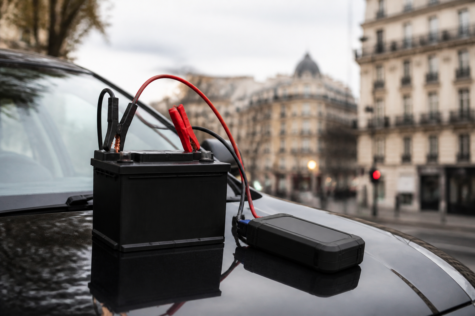 Batterie de voiture et booster prêt pour dépannage