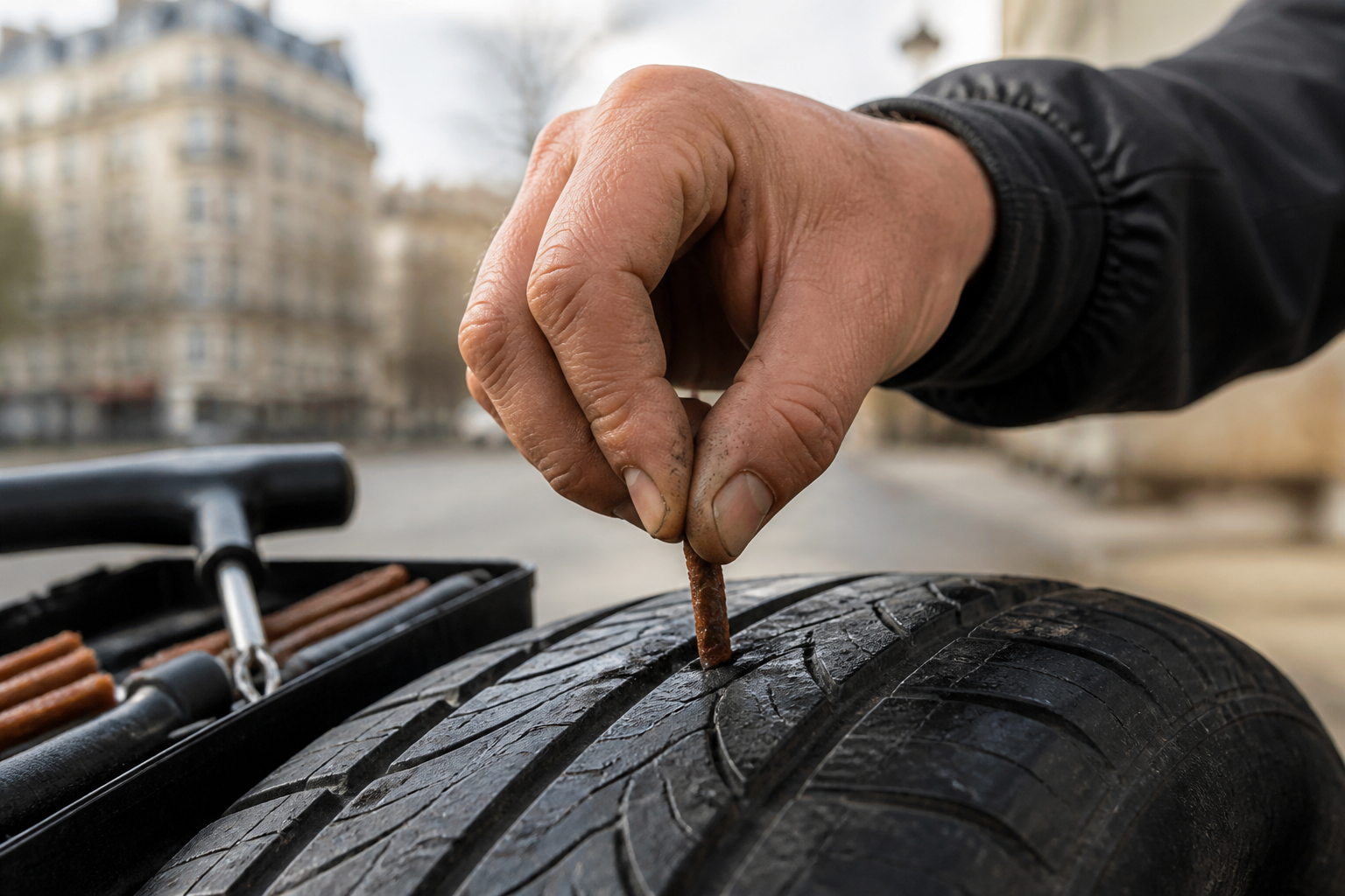 Réparation par mèche d'un pneu crevé à Paris
