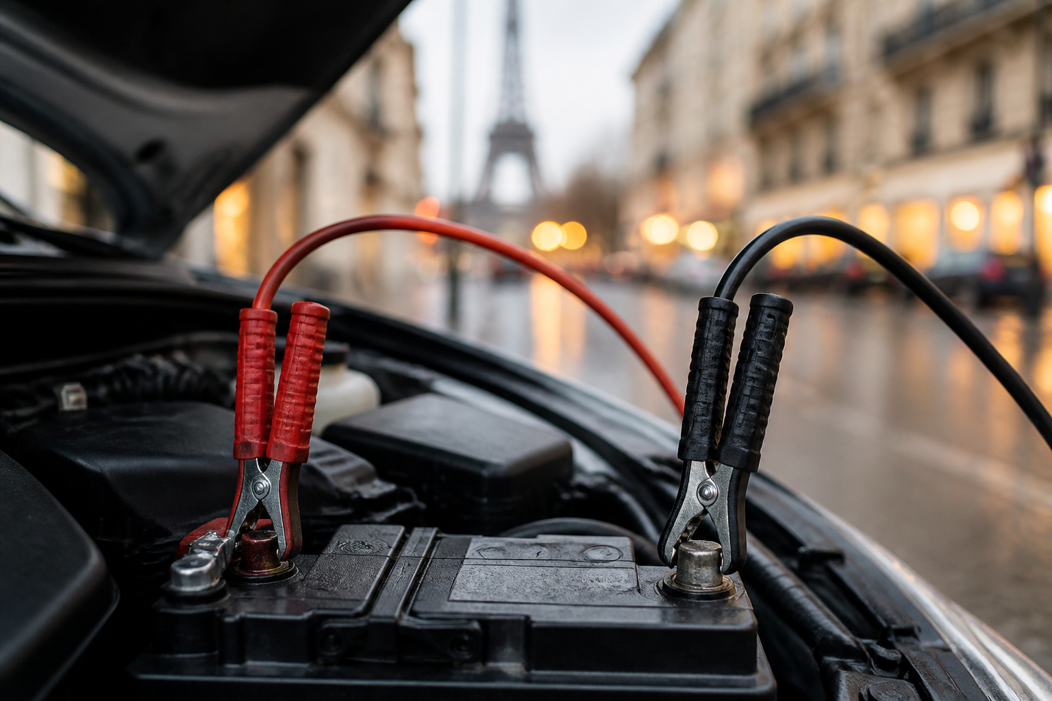 Batterie voiture avec câbles de démarrage dans un contexte urbain parisien