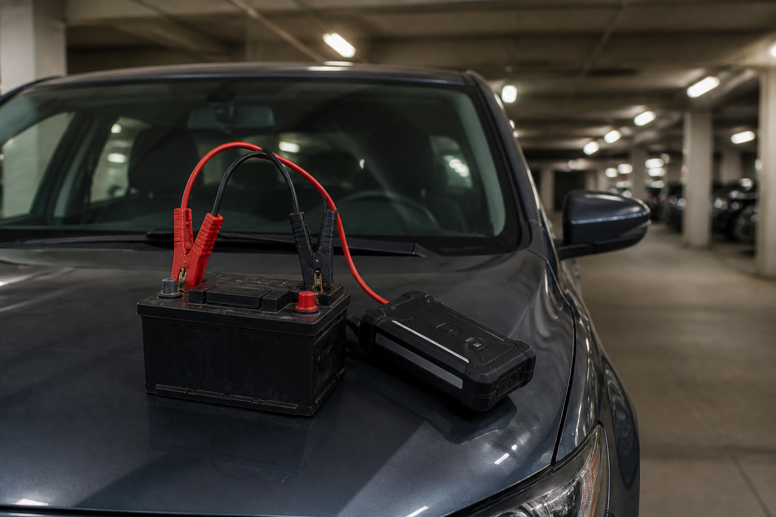 Batterie de voiture avec booster à Paris dans un parking souterrain