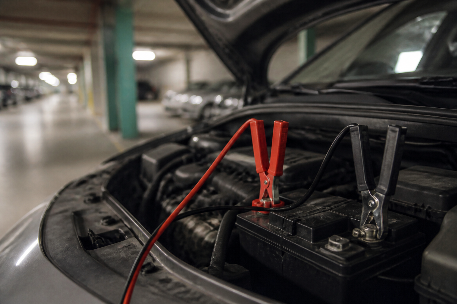 Batterie de voiture avec câbles de démarrage en parking souterrain