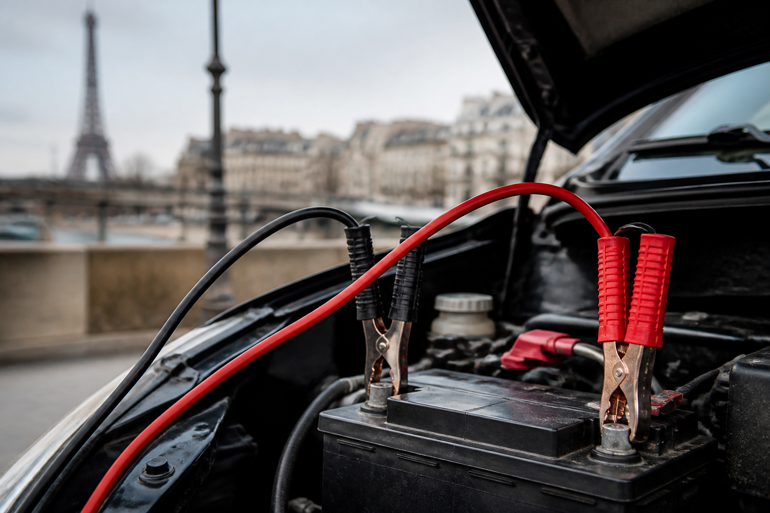 Câbles de démarrage pour batterie de voiture dans un environnement urbain parisien