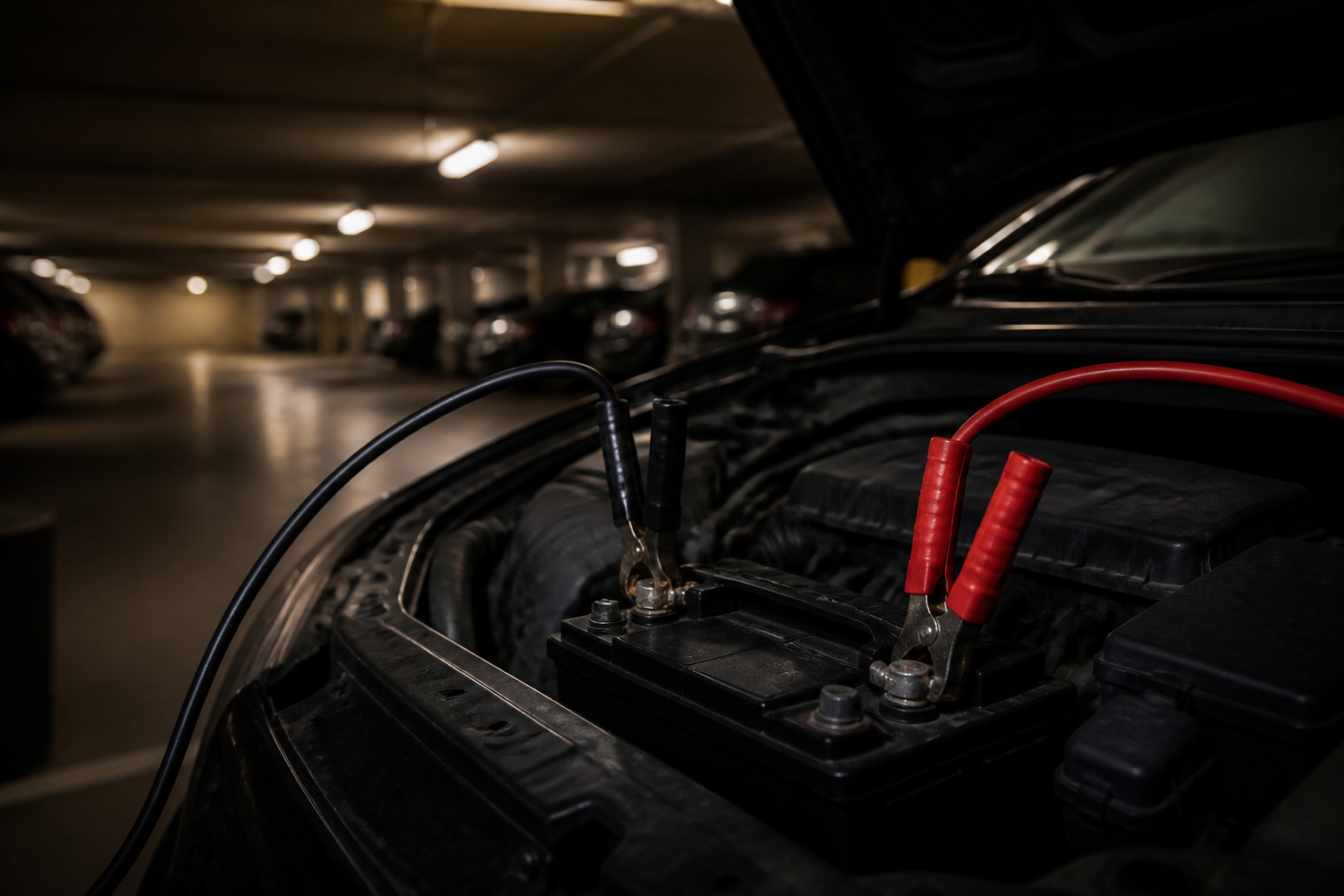 Batterie automobile en cours de recharge avec câbles dans parking souterrain à Paris