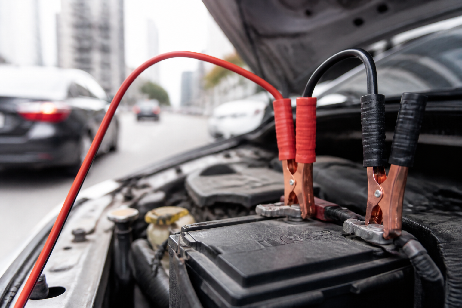 Câbles de démarrage connectés à une batterie de voiture en ville