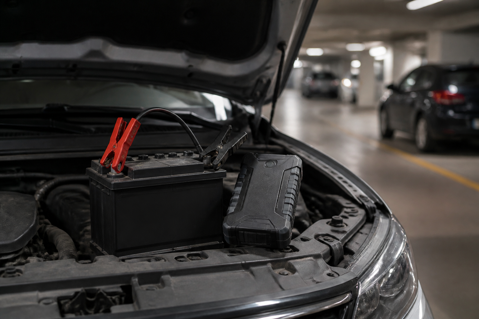 Batterie voiture et booster dans parking souterrain à Paris