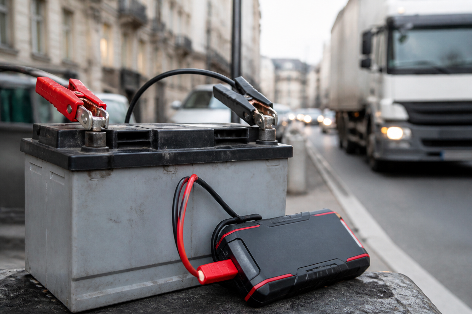 Batterie poids lourd et booster de démarrage sur bord de route à Paris