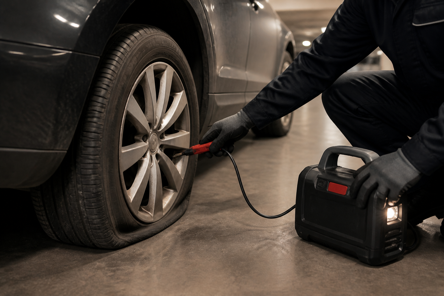 Pneu crevé et booster prêt à la réparation dans un parking souterrain à Paris