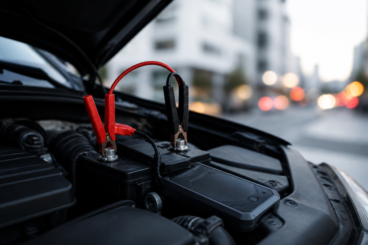Batterie automobile avec câbles de démarrage et booster sous le capot