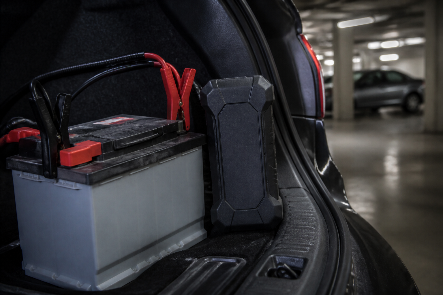 Batterie de voiture et booster dans un parking souterrain parisien