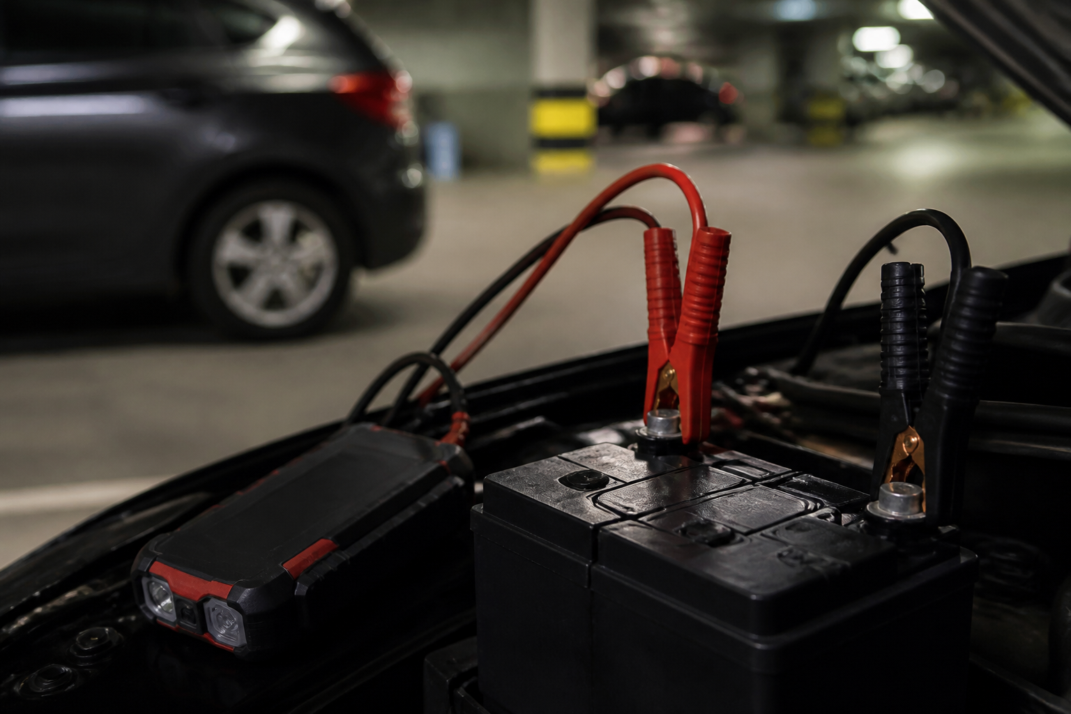 Batterie de voiture avec câbles de démarrage