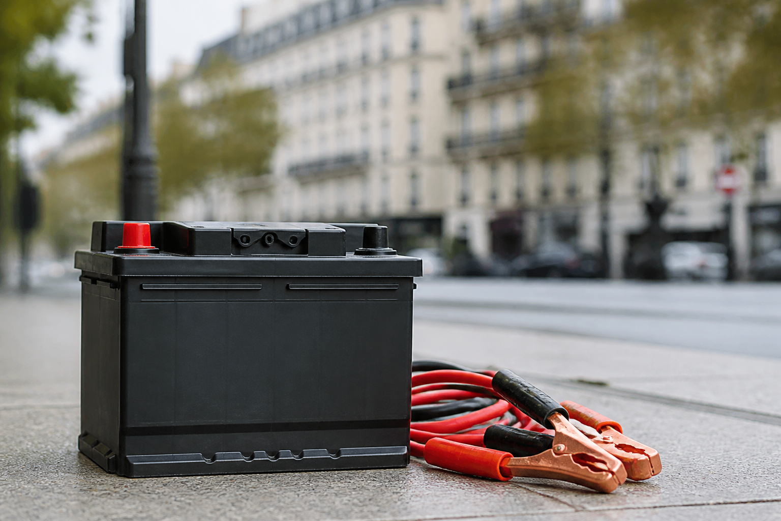 Batterie de voiture avec câbles de démarrage devant une rue parisienne