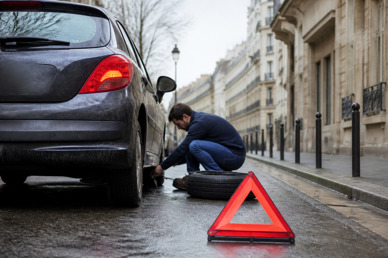 Voiture avec pneu crevé à l'arrêt sur une rue à Paris