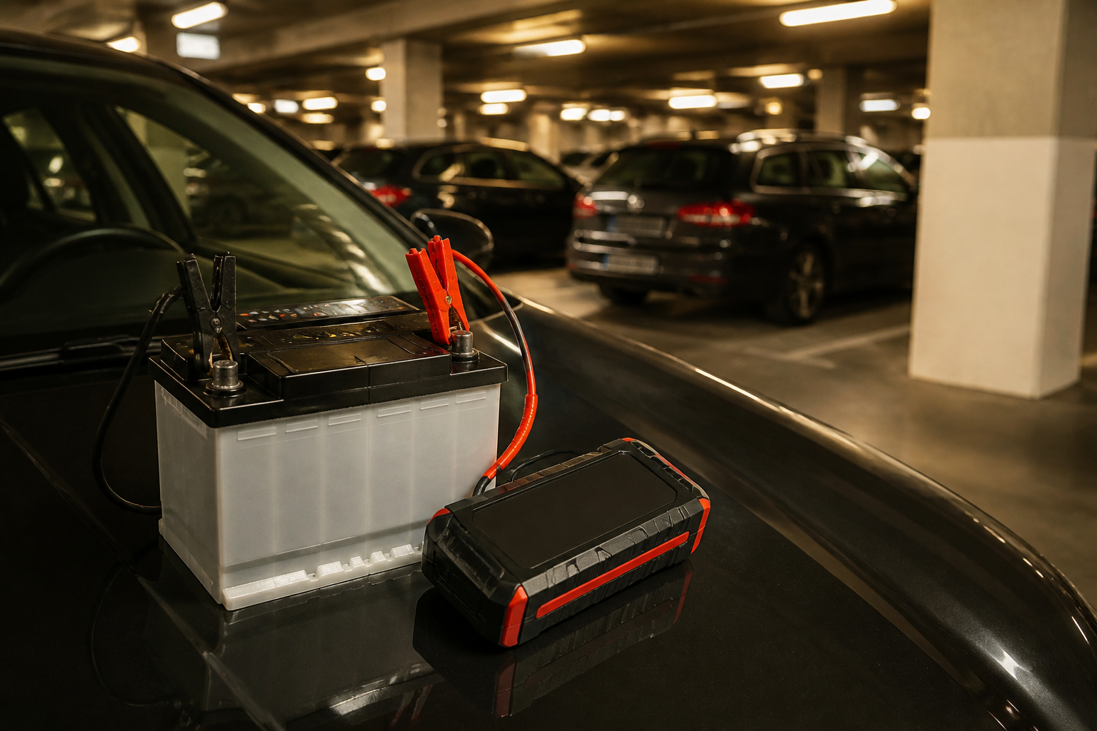 Batterie de voiture avec booster électrique dans un parking souterrain parisien