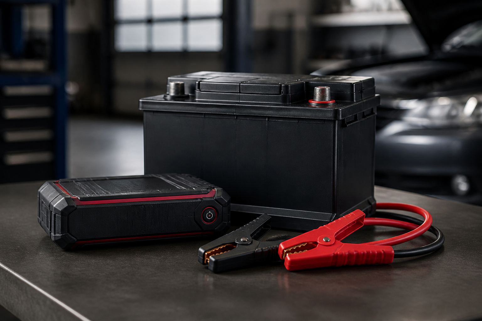 Batterie de voiture avec booster et câbles pour dépannage automobile